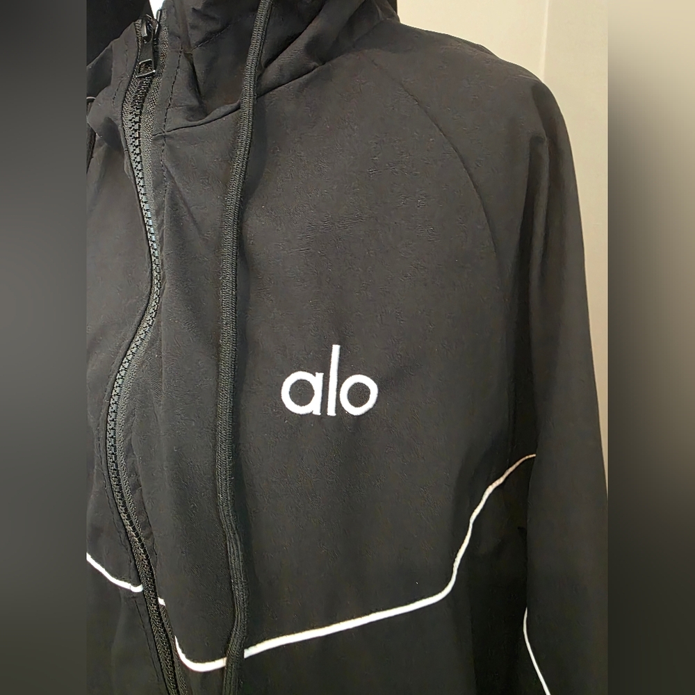 Black Hooded Windbreaker Jacket, L/XL - Picture 2 of 4